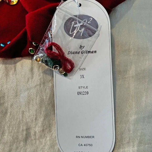 TOP, HAND SEWN MULTICOLOUR BEADS, RED, SIZE 3X, ROUND NECK, LONG SLEEVE, DIANE - Picture 11 of 15